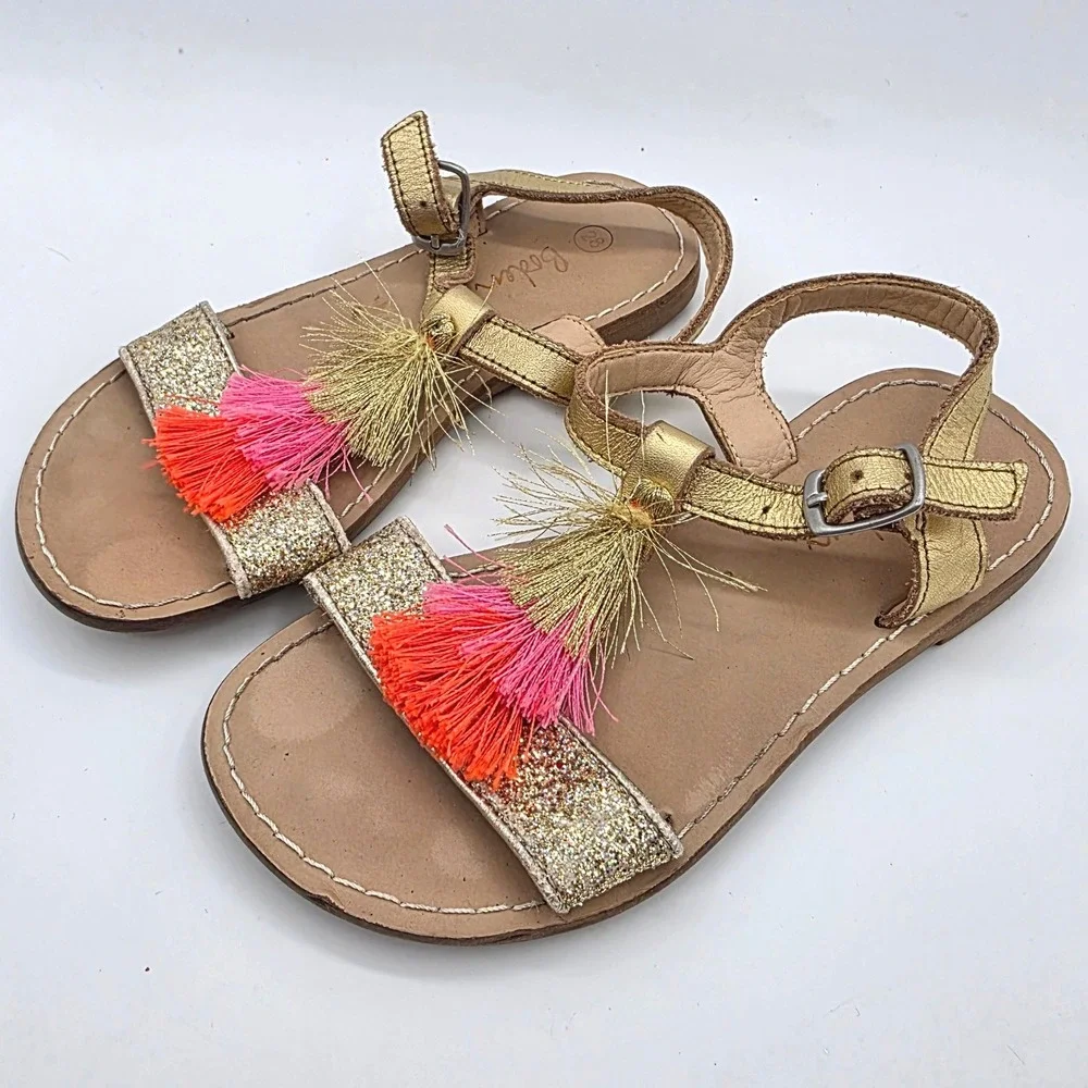Mini Boden Girls Gold Glitter Tassel Sandals Size‎ EU 28 Metallic Pink Orange